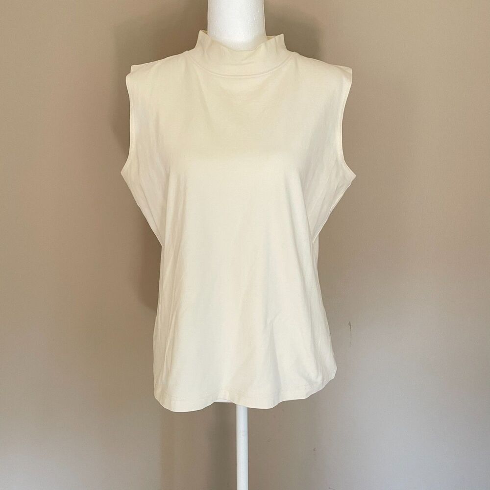 FieldGear Womens Large Ivory Turtleneck Sleeveless Size Cotton Top Quiet Luxury